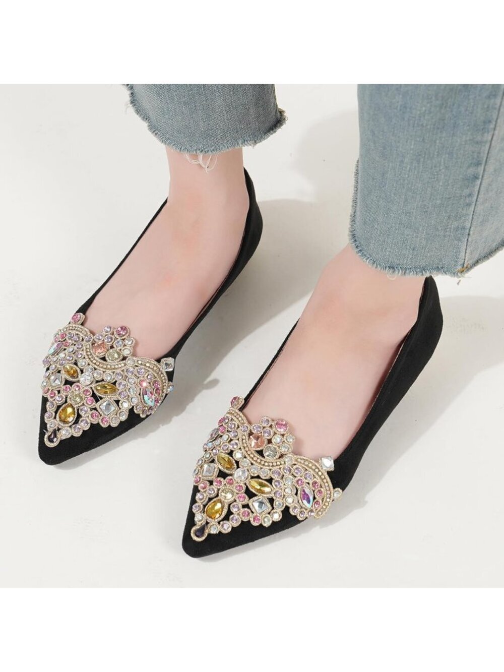 〽️Women's Black Slip On Low Heel Bling Rhinestone Pointed Comfort Flats Shoes
